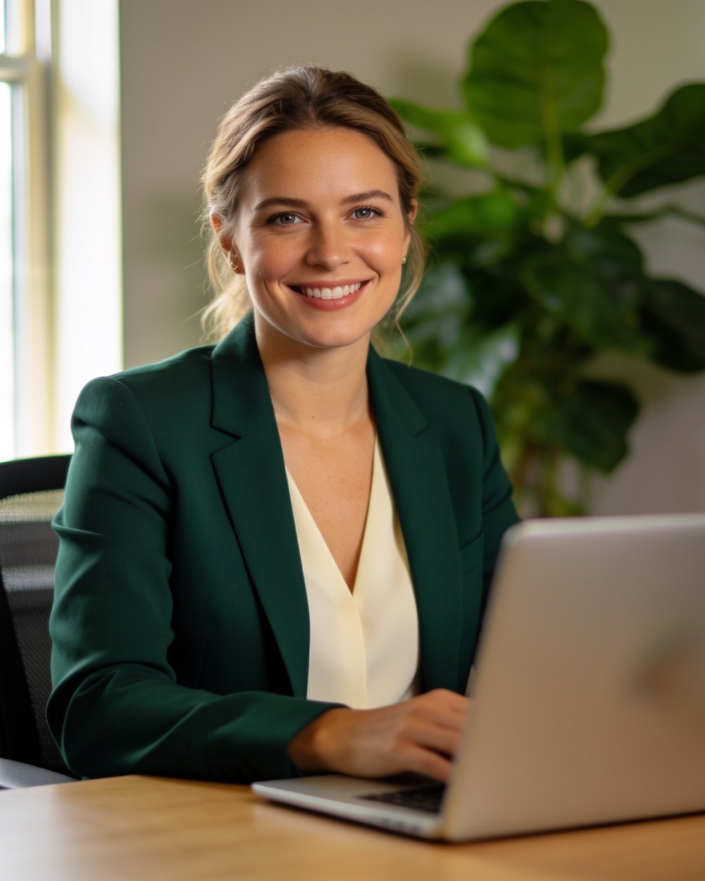 Professional resume consultant smiling at a home office desk