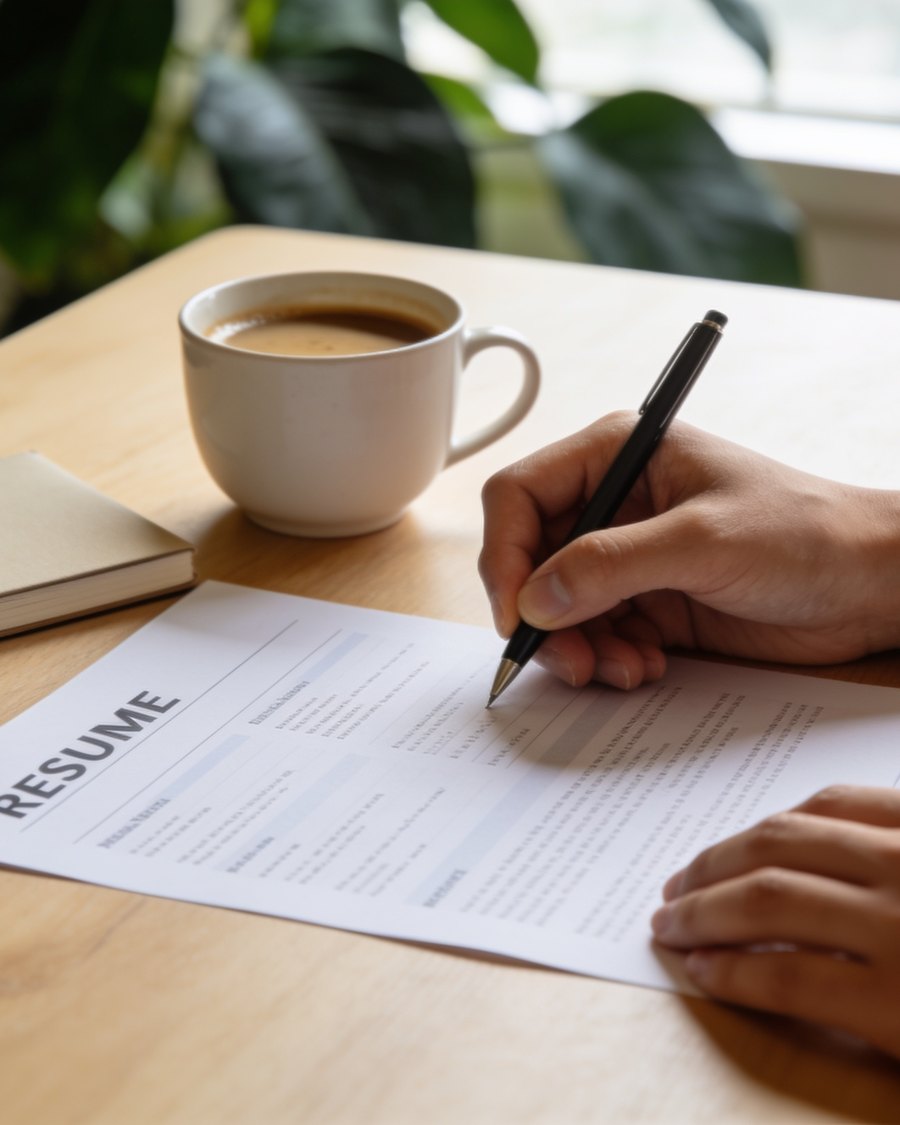 Hands editing a printed resume with a pen at a desk